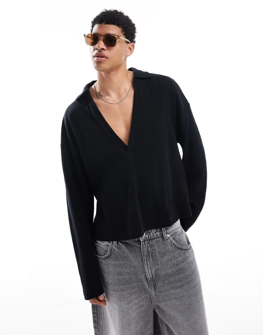 ASOS DESIGN oversized boxy long sleeve deep v neck polo shirt in black texture | ASOS (Global)