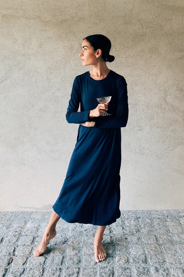 Bamboo Long Sleeve Lounge Dress in Navy | LAKE Pajamas