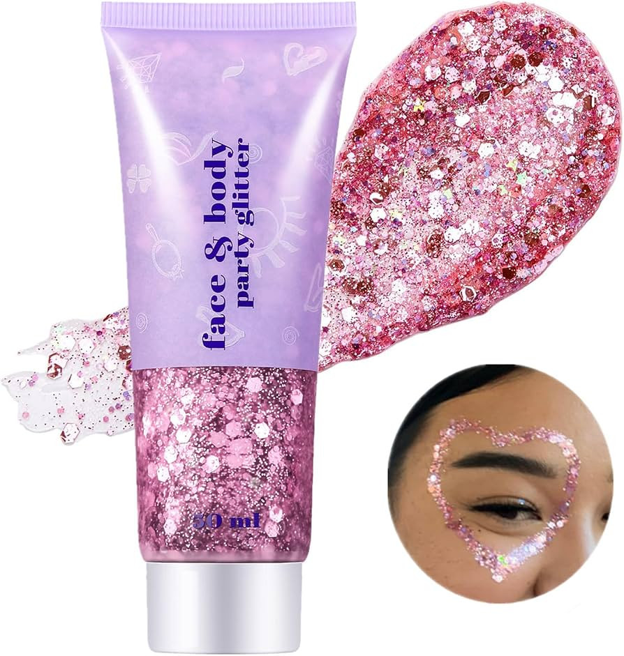 Go Ho Pink Face Body Glitter Gel,Singer Concerts Pink Face Paint Makeup Holographic Chunky Sequin... | Amazon (US)