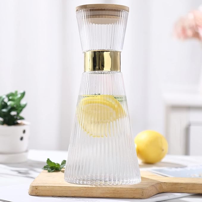 DUJUST Ribbed Glass Carafe with Lid (34oz), Elegant Water Carafe with Gold Decoration, Crystal Gl... | Amazon (US)