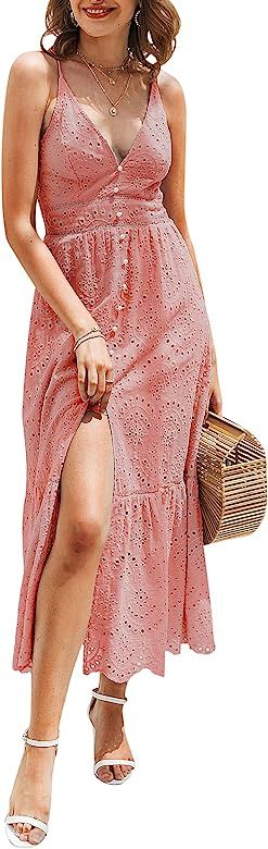 BerryGo Women's Embroidery Pearl Button Down Dress V Neck Spaghetti Strap Maxi Dress | Amazon (US)