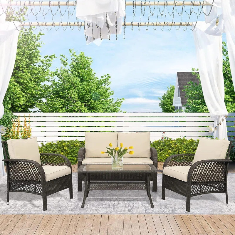 Siddell Patio 4 Piece Wicker Sofa Seating Group with Cushions | Wayfair North America