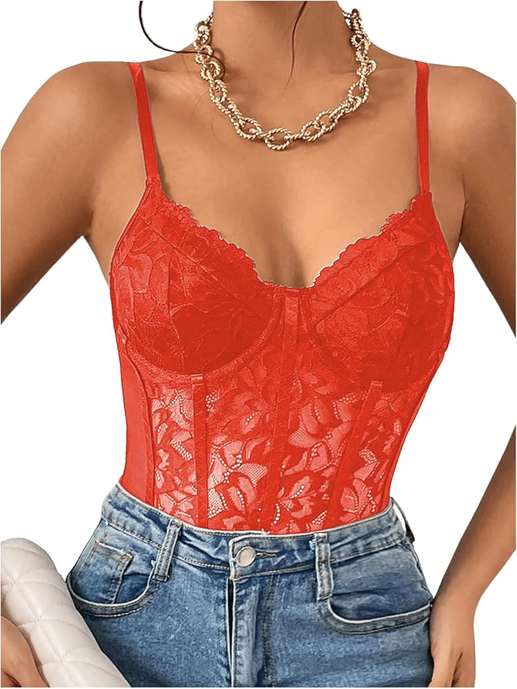Milumia Women's Sexy Sheer Mesh Lace Bodysuit Spaghetti Strap Bustier Corset Tops Rave Party Club | Amazon (US)