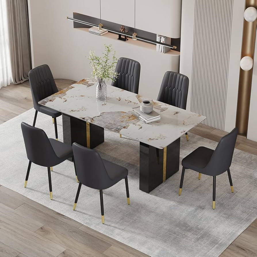 71'' Dining Room Table Set for 6，Modern Dining Table Set for 6,Kitchen Faux Marble Table and PU... | Amazon (US)