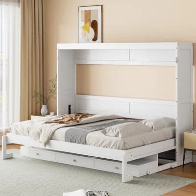 Queen Murphy Wall Bed with Storage & Vanity Desk, Foldable Cabinet Bed with Mirror & Side Drawers, White | Wayfair North America