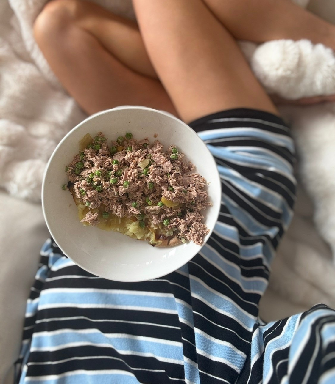 A loaded baked potato is always so filling! Added canned tuna with avocado mayo, everything but the bagel seasoning, and salt and pepper. This matching striped set is so good, can dress up or dress down, so comfy, and perfect for spring! Size medium for a looser fit.

#LTKmomlife #LTKfoodie #LTKootd