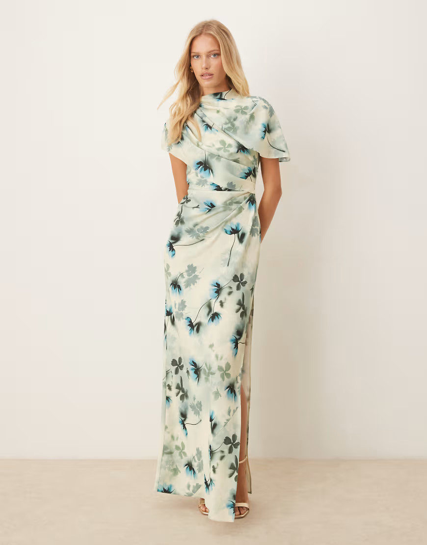 ASOS DESIGN high neck draped bodice cape maxi dress in green floral print-Multi | ASOS (Global)