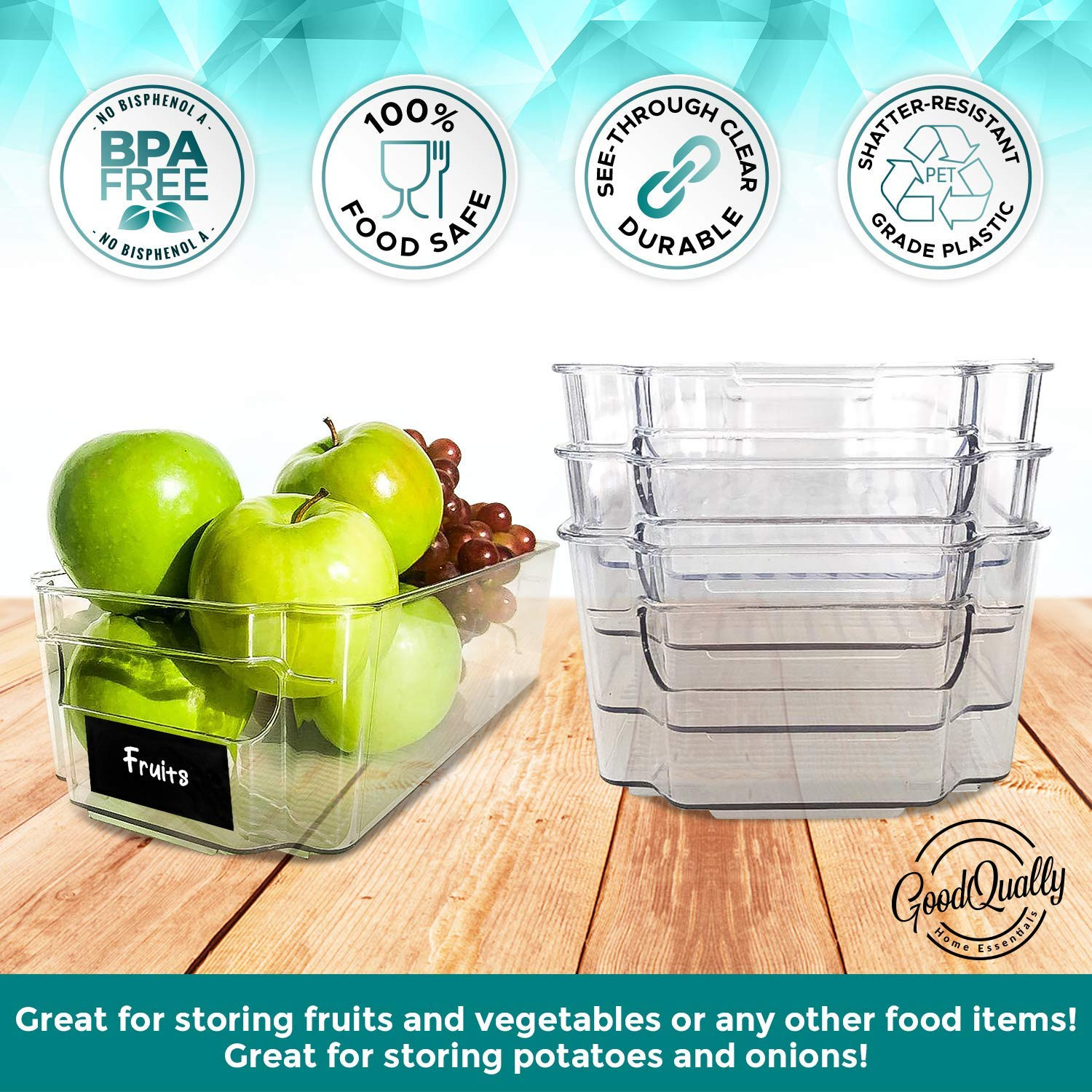 4 Pack Clear Pantry Organization & Storage Bins - BPA Free Plastic Organizer Bins Set for Kitchen, R | Amazon (US)