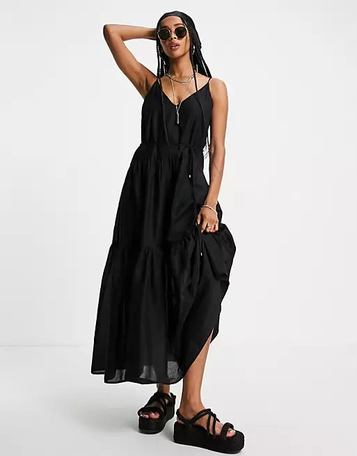 Only cami maxi dress with tiering and tie waist in black | ASOS (Global)