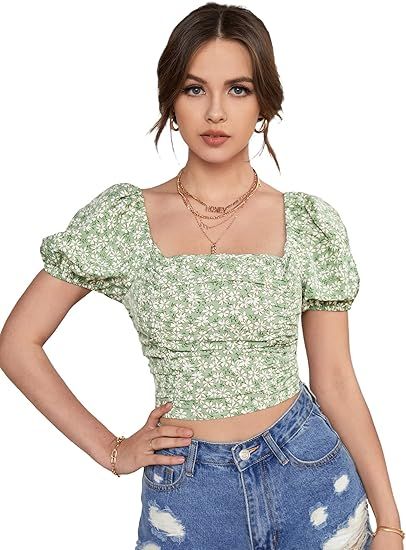 Milumia Women's Boho Ditsy Floral Crop Top Lace Up Tie Backless Puff Sleeve Blouse | Amazon (US)