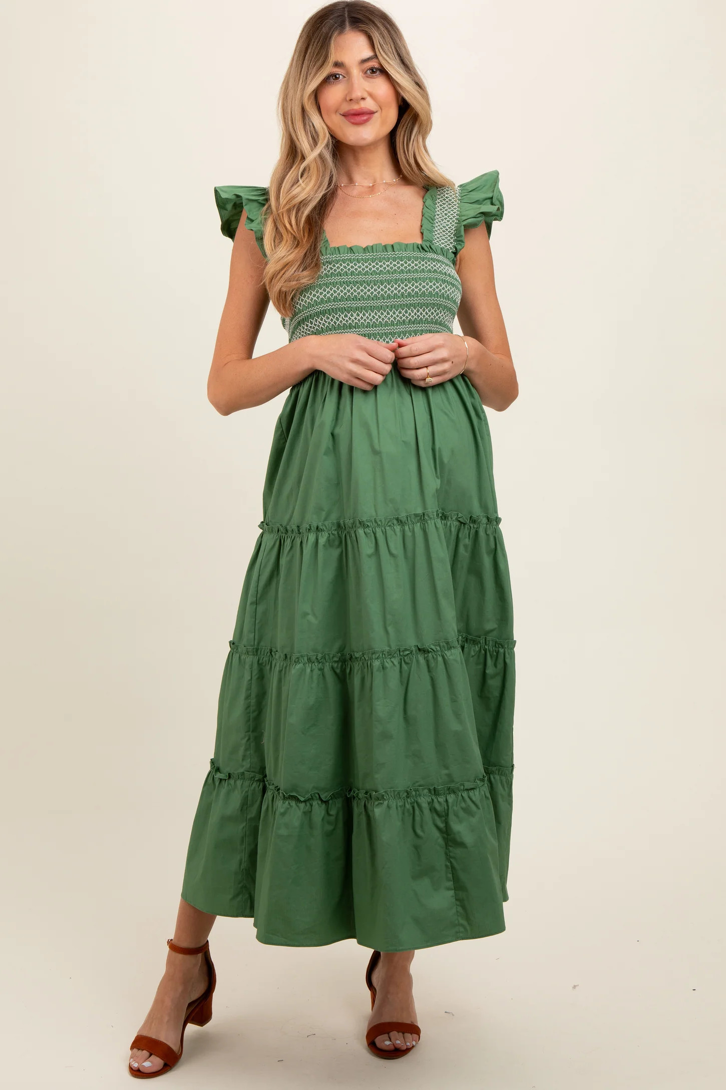 Green Embroidered Smocked Maternity Midi Dress | PinkBlush Maternity