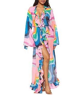 Kurt Geiger London Kensington Swirl Multi Color V-Neck Caftan Swim Cover-Up - One Size | Dillard's