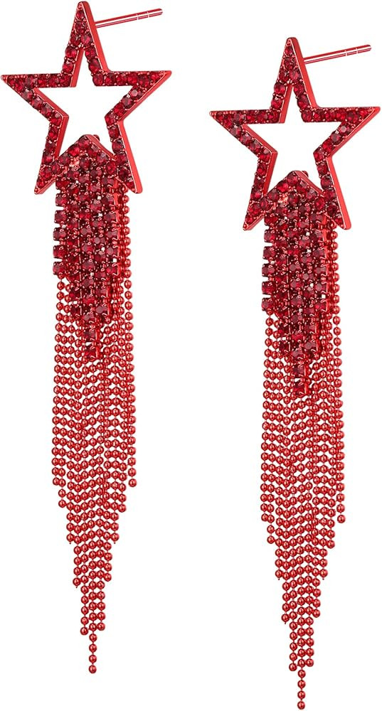 EVER FAITH Star Tassel Earrings for Women, Rhinestone Crystal Long Waterfall Beaded Fringe Chande... | Amazon (US)
