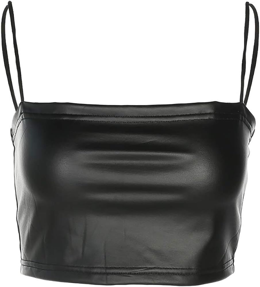 LXXIASHI Casual Women Black PU Leather Camisole Femme Bralette Bodycon Crop Top Ladies Streetwear... | Amazon (US)
