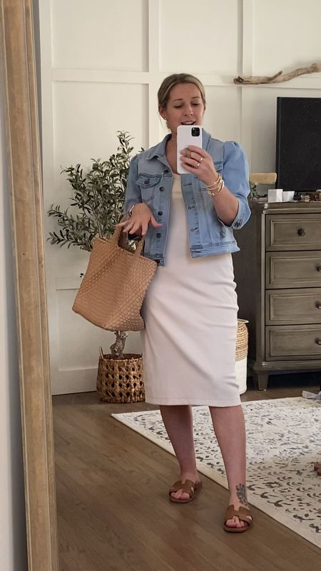 Details in this whole outfit. I’m calling this the lazy girl cute and chic look. Simple ribbed tank midi dress, denim jacket with puff shoulder sleeve, slide sandals and a woven bag from Amazon  everything is tts. Size up half in the shoes  

#LTKFind #LTKstyletip #LTKunder50