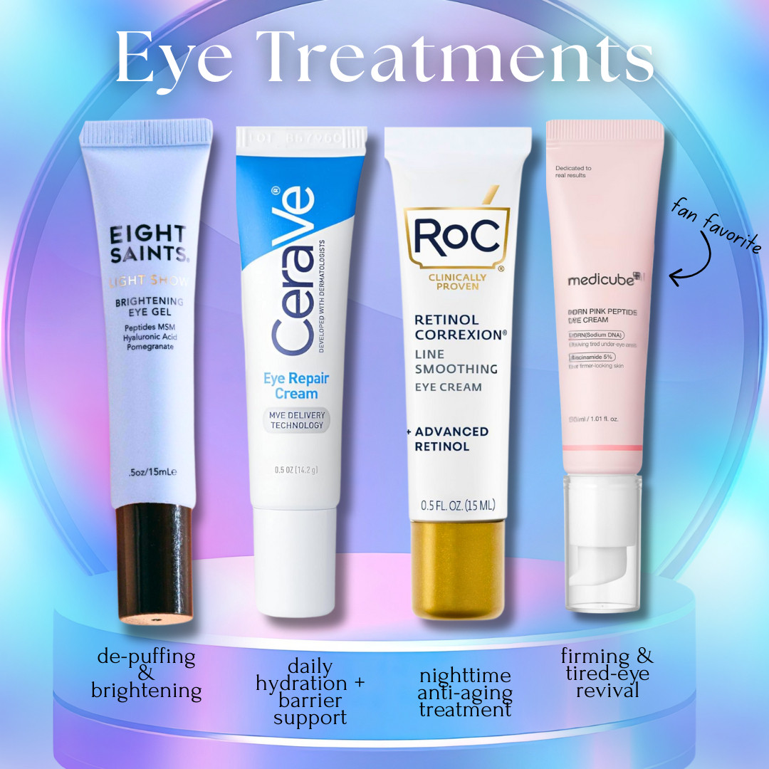 My eye care lineup that actually does something 👀✨

Dark circles, puffiness, fine lines, tired eyes… covered.

💧 Morning de-puff + brighten – @Eight Saints Eye Gel
💙 Everyday hydration & barrier support – CeraVe Eye Repair
🌙 Nighttime anti-aging – RoC Retinol Correxion (smooths fine lines + texture)
💗 Firming & tired-eye revival (fan fave) – Medicube PDRN Pink Peptide Eye Cream

These are the eye treatments I rotate depending on time of day + skin needs, and they layer beautifully without irritation.

✨ Tap to shop my full eye care routine & save your under-eyes

🩷🩵💜 
best eye cream, under eye cream, dark circles treatment, puffy eyes, anti aging eye cream, retinol eye cream, peptide eye cream, hydrating eye cream, tired eyes, skincare routine, dermatologist recommended skincare, eye care routine 


#LTKBeauty #LTKmorningroutine #LTKselfcare