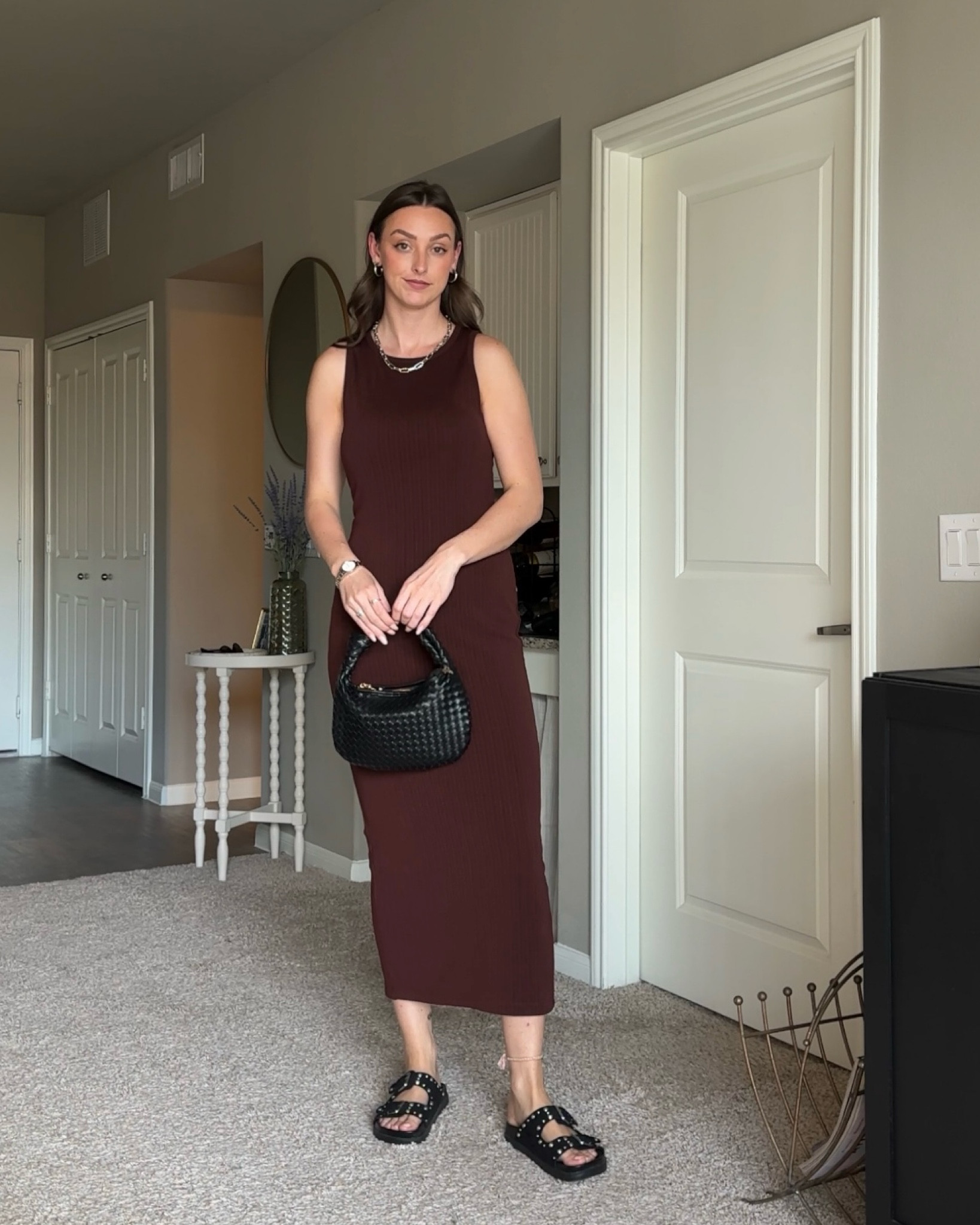 edgy summer maxi dress outfit - studded sandals, anthropolgie mini handbag, melie bianco, neutral style

#LTKFindsUnder100 #LTKShoeCrush #LTKItBag