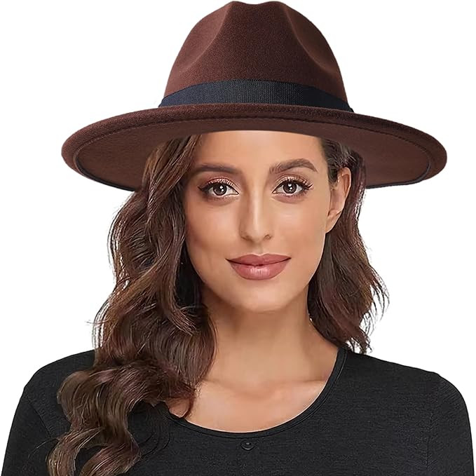 Lanzom Classic Fedora Hats for Women Lady Wide Brim Felt Panama Hat with Belt Buckle | Amazon (US)