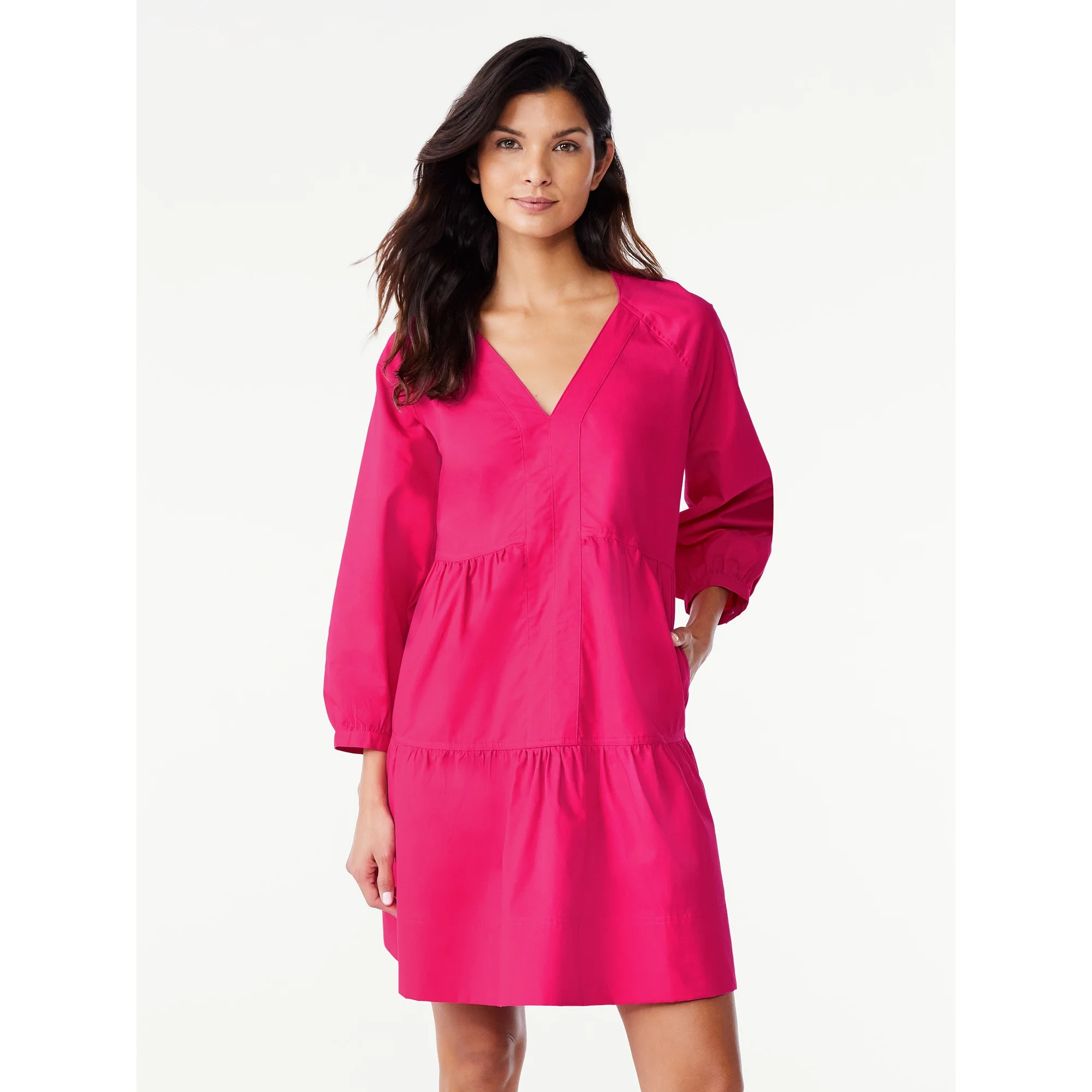 Free Assembly Women's Tiered Mini Dress with Long Sleeves, Sizes XS-XXL | Walmart (US)
