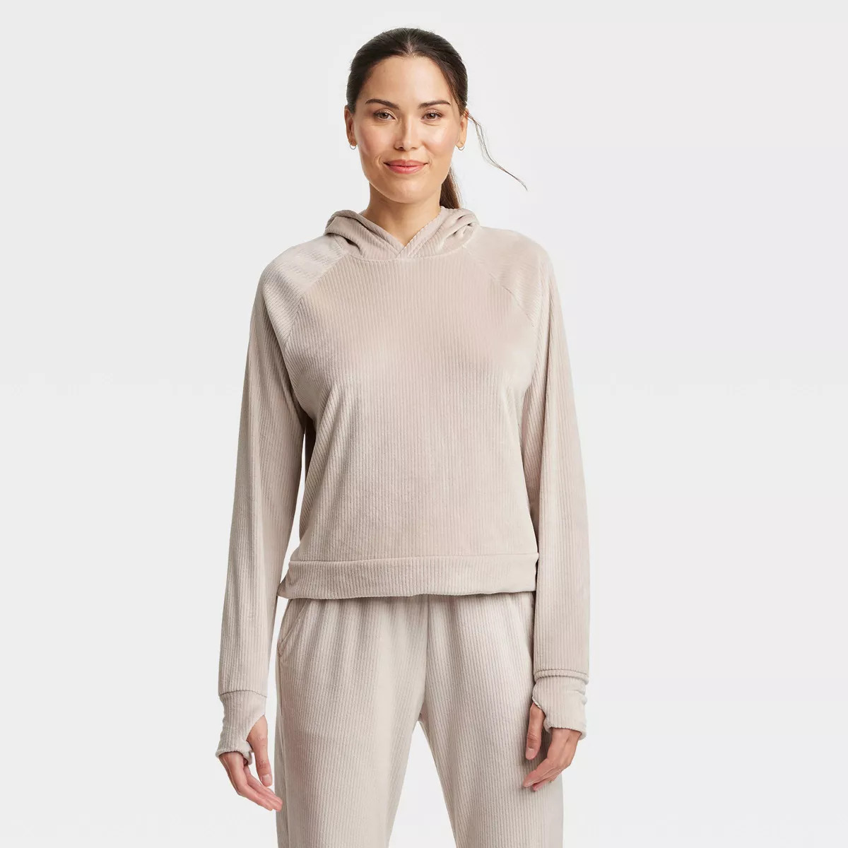 Women's Velour Ribbed Hooded Sweatshirt - All In Motion™ Light Taupe M | Target