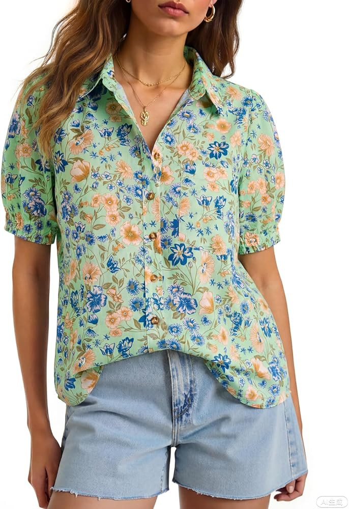Cicy Bell Womens Puff Short Sleeve Button Down Shirts Summer Casual Collared V Neck Blouse Linen ... | Amazon (US)