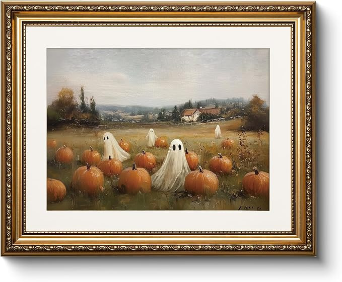 Vintage Halloween Ghost and Pumpkin Patch Gold Framed Wall Art, 13x16 Inch Canvas Print with Spoo... | Amazon (US)