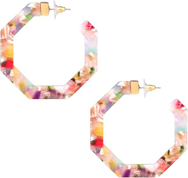 Acrylic Hoop Earrings Tortoiseshell Acrylic Earrings Geometric Resin Earring Studs for Women Girl... | Amazon (US)