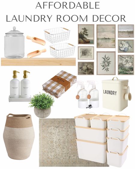 Affordable laundry room functional decor. Affordable area rug, baskets, bins, canisters, artwork, white oak shelves, faux plants

#LTKhome #LTKFind #LTKunder100