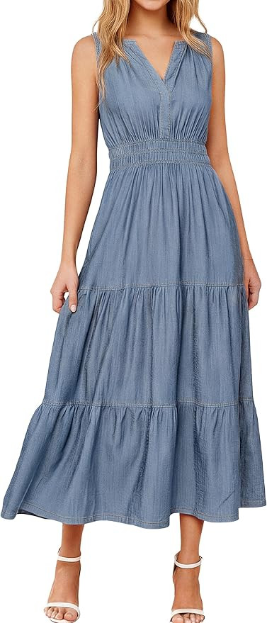 BerryGo Womens Denim Dress Sleeveless Jean Maxi Dress Empire Waist Flowy A Line Cowgirl Country S... | Amazon (US)