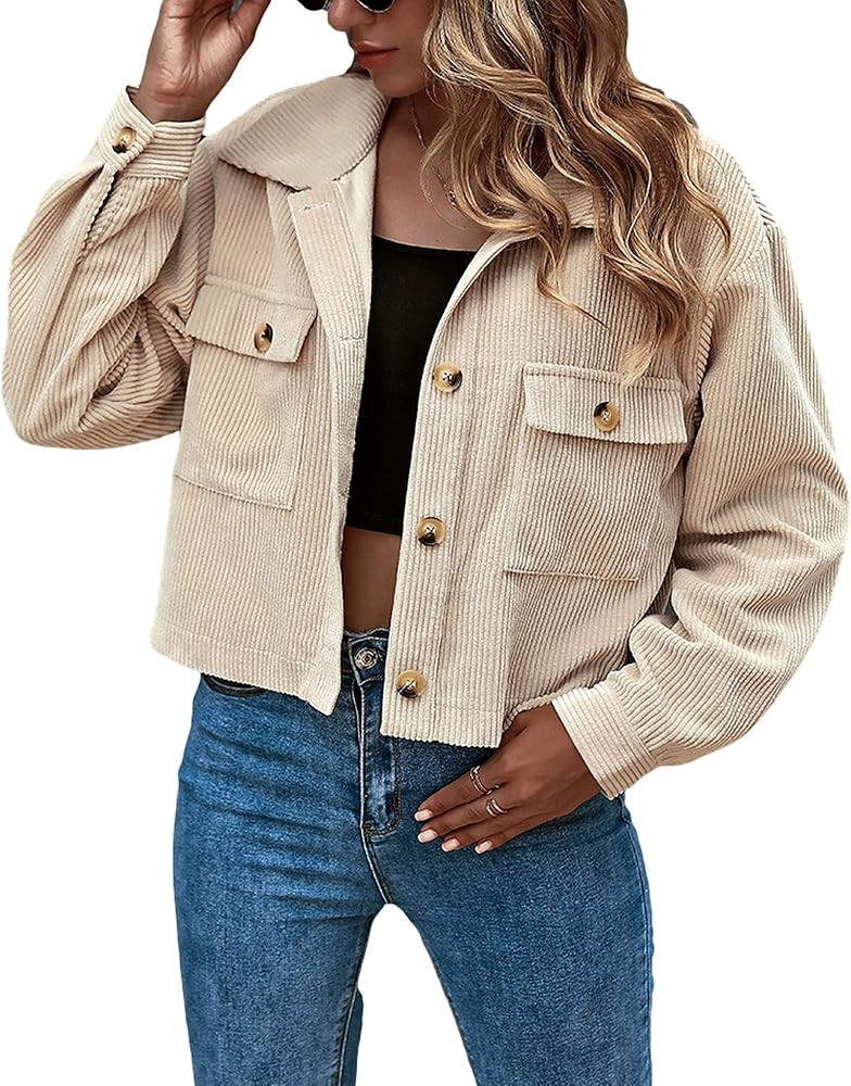 Gihuo Women's Fashion Cropped Shacket Button Down Corduroy Shacket Jackets Casual Plaid Long Slee... | Amazon (US)