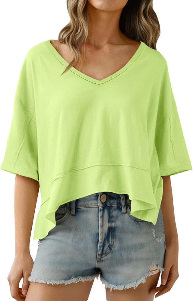 Cicy Bell Womens Oversized Crop T-Shirts Summer V Neck Short Sleeve Tops Casual Loose Fit Curved ... | Amazon (US)