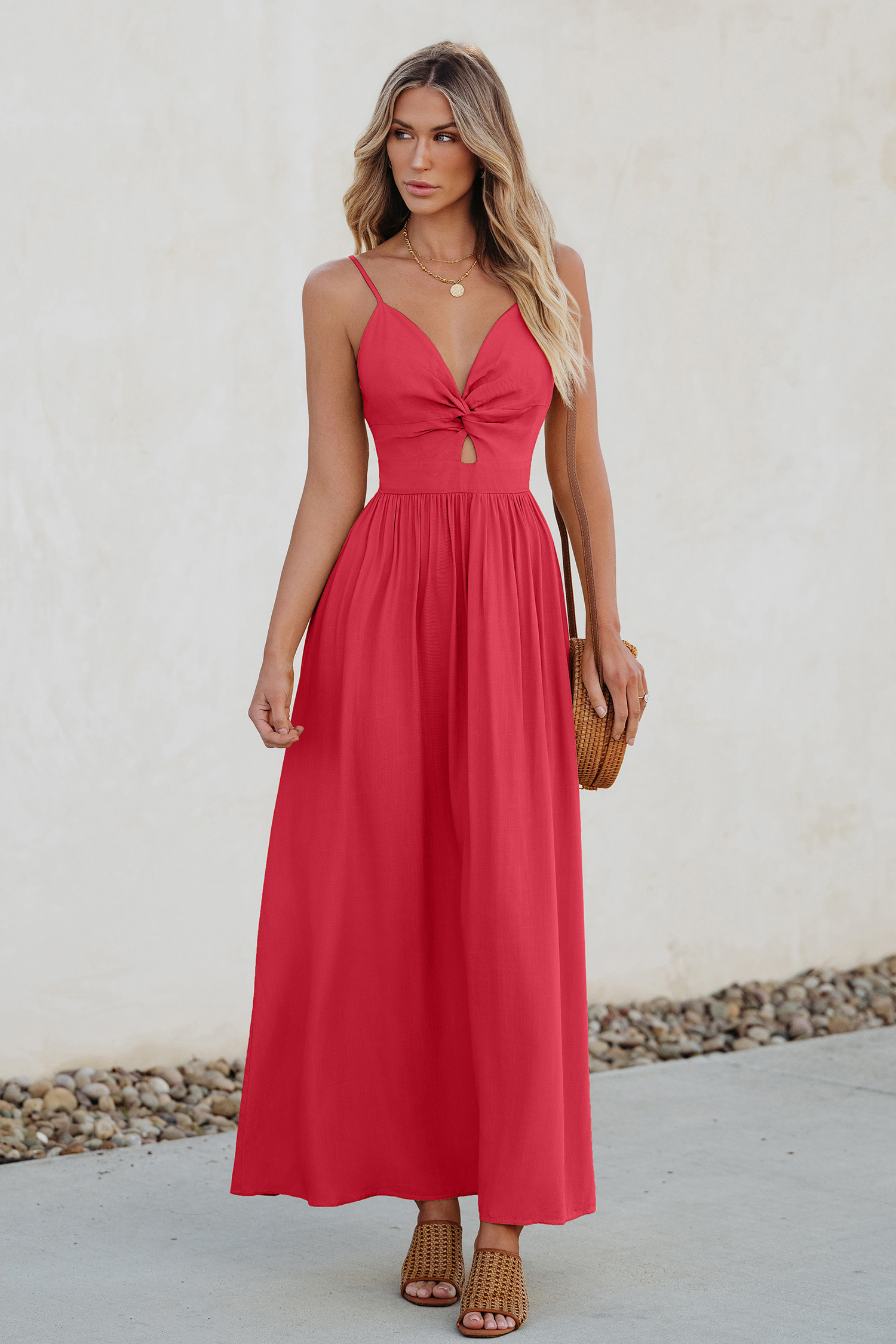 Pink Knotted Keyhole Maxi Dress - L | Cupshe US