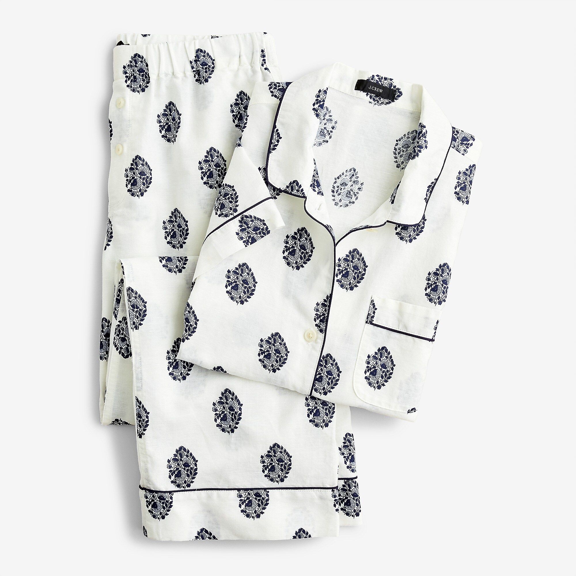 Cotton-linen short-sleeve pajama set in gathered floral block print | J.Crew US