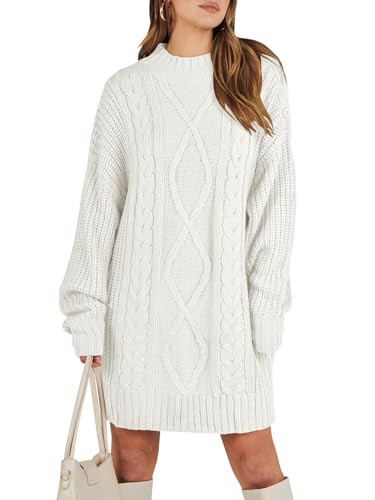 ANRABESS Women's 2024 Fall Oversized Sweater Dress Long Sleeve Crewneck Chunky Cable Knit Casual Short Pullover Dress Tops White Large | Amazon (US)