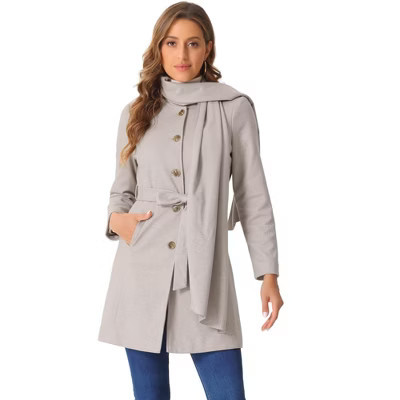 Allegra K Women's Winter Button Down Casual Outwear Scarf Coat with Belt Grey Small | Target