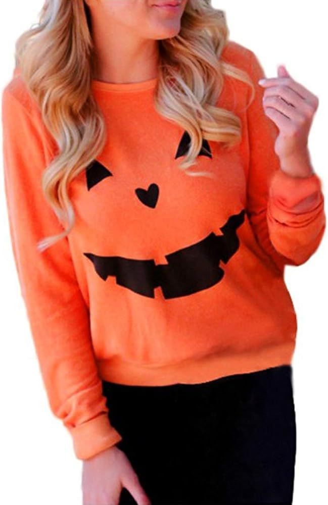Women's Halloween Pumpkin Face Long Sleeve Sweatshirts Lightweight Casual Pullover Tops | Amazon (US)