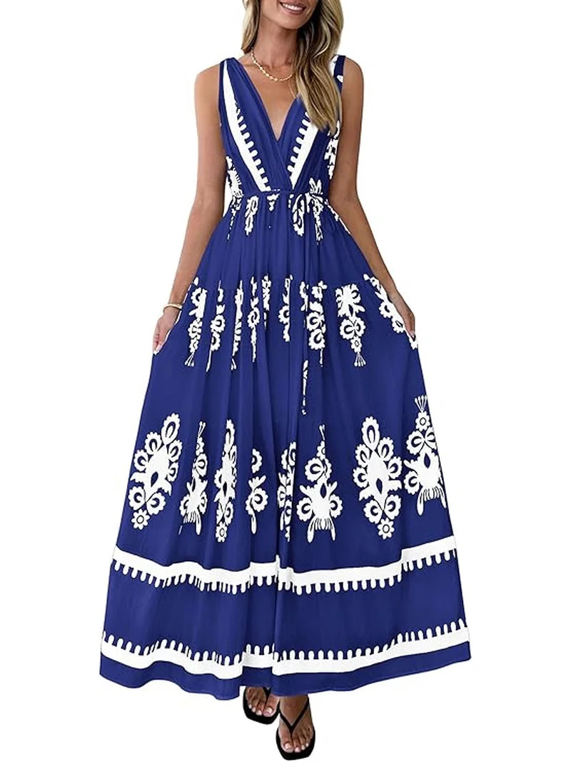 PRETTYGARDEN Womens Floral Maxi Dress Sleeveless Vneck Belt Ruffle Long Dresses Boho Summer Beach... | Walmart (US)