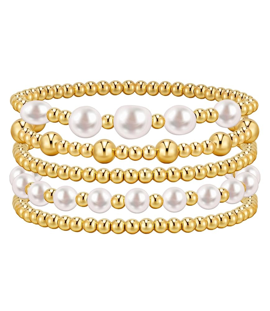 adoyi Gold Bracelets for Women Beaded Bracelet 14K Gold Plated Bracelet Stack Strand Stretch Bead... | Amazon (US)