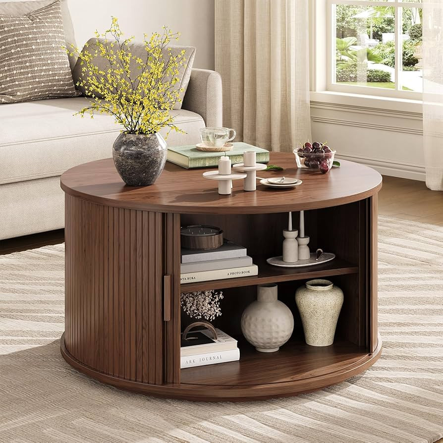 ONBRILL Round Coffee Table with Storage, 31.5" Mid Century Modern Center Table with Sliding Door ... | Amazon (US)