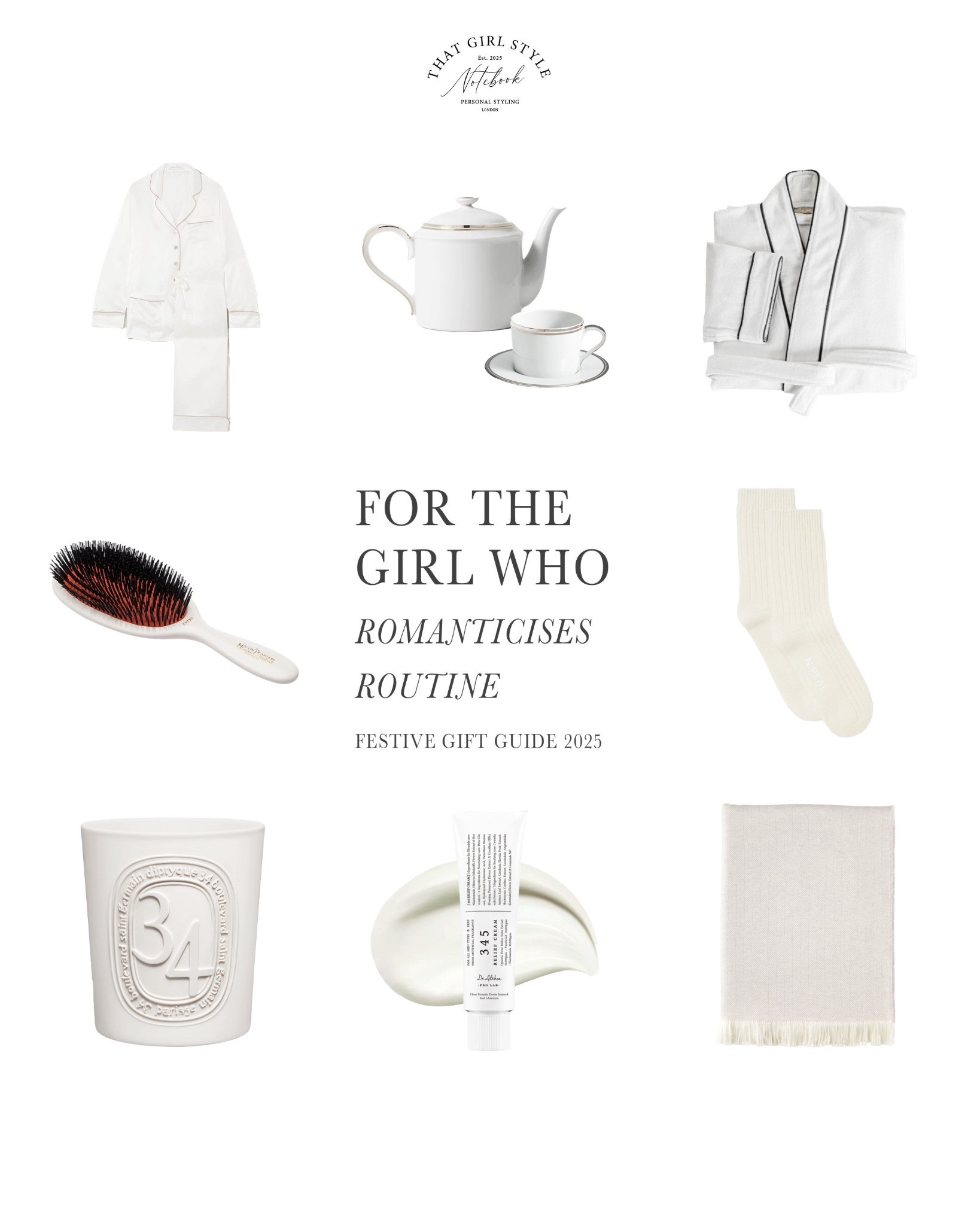 Gift Guide 2025: For the girl who romanticises routine

Everyday rituals, but make them romantic:
- Olivia Von Halle Coco Silk-Satin Pyjama Set
- Ralph Lauren Home Wilshire Tea Set
- Frette Portrait Bathrobe
- Mason Pearson Large Extra Boar Bristle Hairbrush B1
- Diptyque Candle 34 Boulevard Saint Germain
- N.Peal Socks Rib Cashmere House Socks
- Johnstons of Elgin Harringbone Merino Light Grey Throw
- Dr Althea 345 Relief Cream

#LTKgiftguide #LTKluxury #LTKfestive