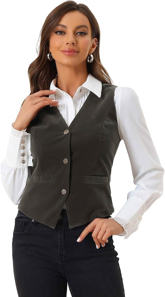 Allegra K Women's Waistcoat Steampunk Velvet Christmas Sleeveless Button Down V-Neck Suit Vests | Amazon (US)