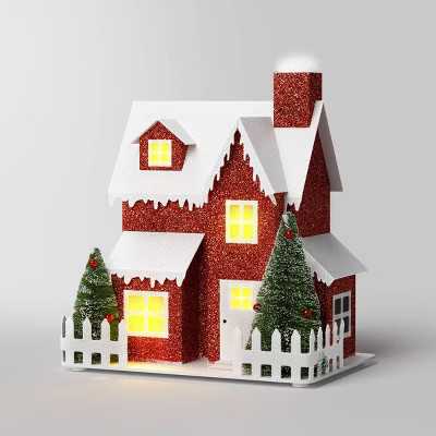Lit Paper House with Bottle Brush Trees Christmas Village Figurine - Wondershop™ Red | Target