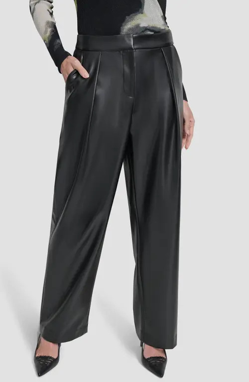 DKNY Pleated Faux Leather wide Leg Pants in Black at Nordstrom, Size 2 | Nordstrom