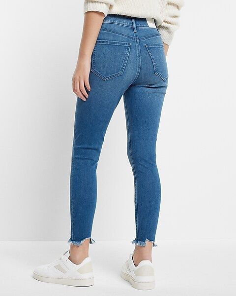 High Waisted Medium Wash Button Fly Cropped Skinny Jeans | Express