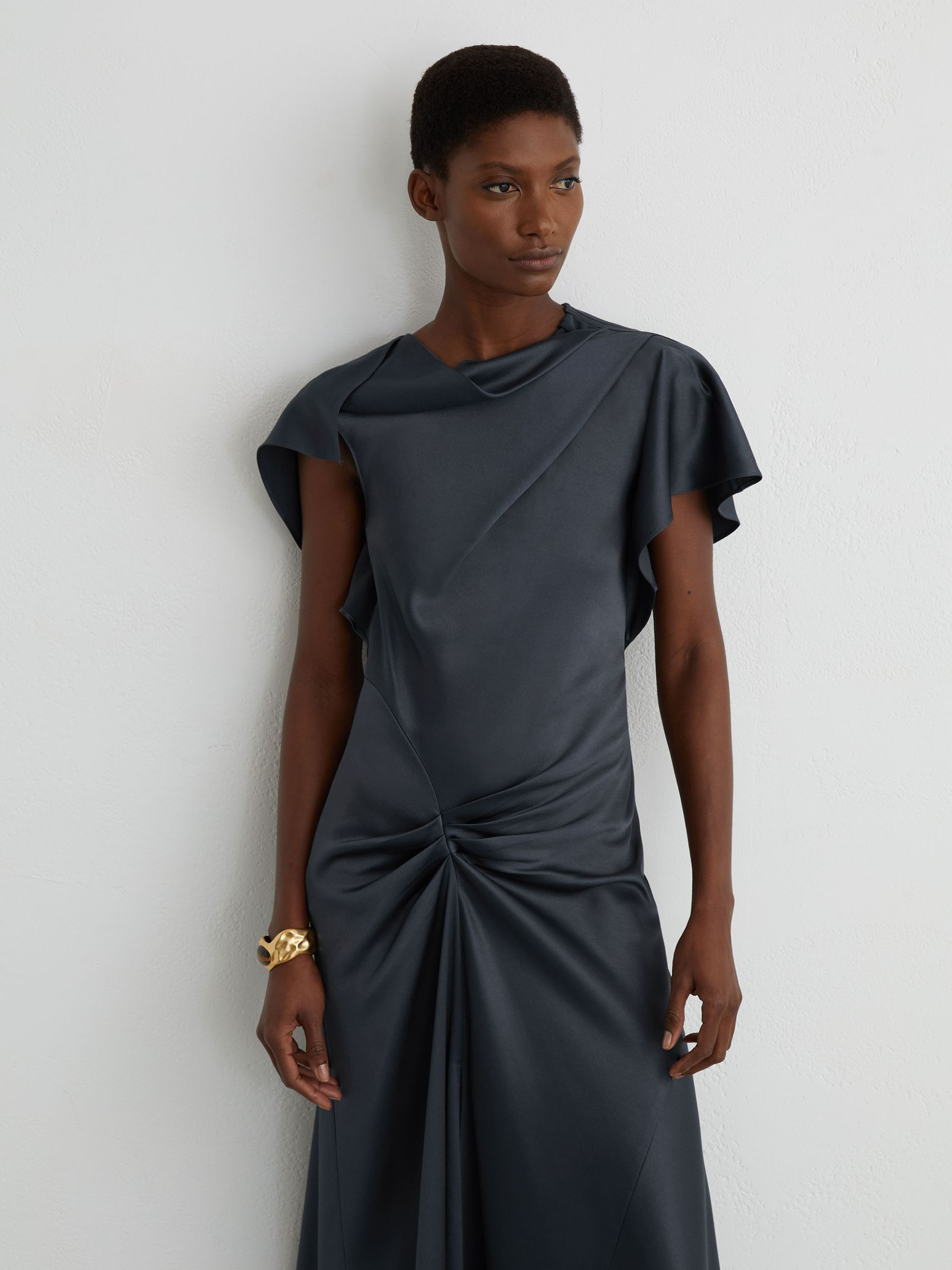 Reiss Satin Drape-Detail Midi Dress in Slate Grey - REISS | Reiss UK