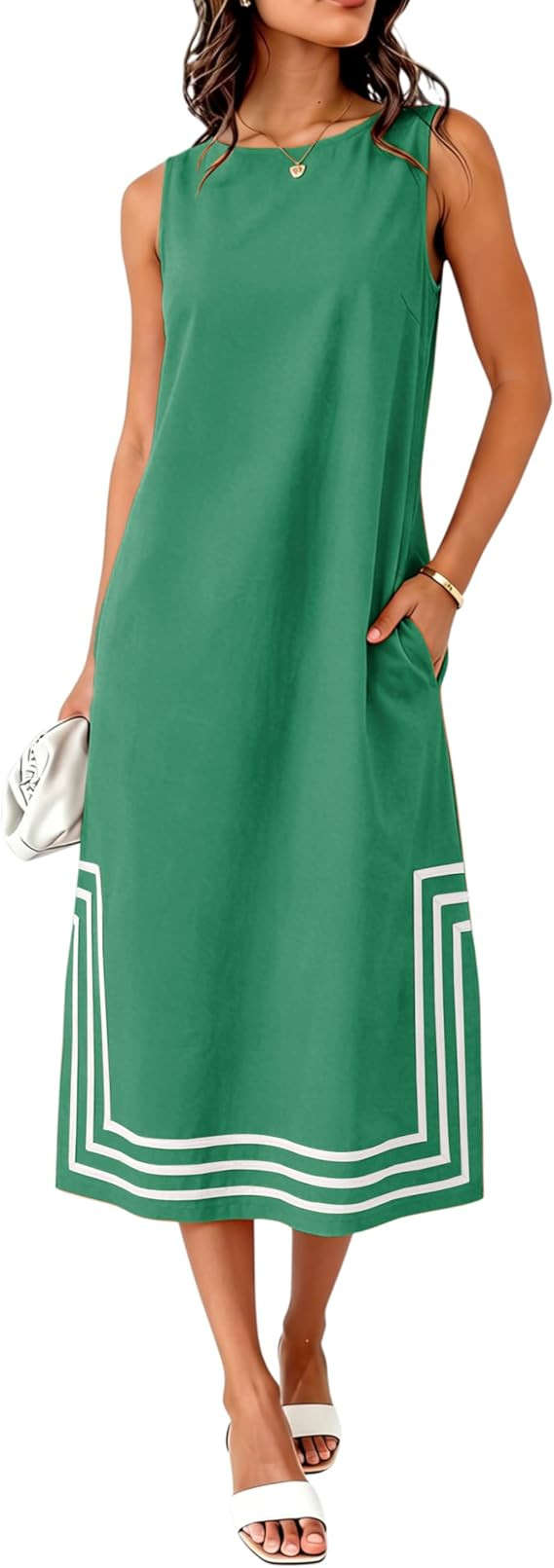 Womens Boho Linen Maxi Dress Sleeveless Split Sundress Color Block A-Line Coverups Beach Vacation... | Amazon (US)
