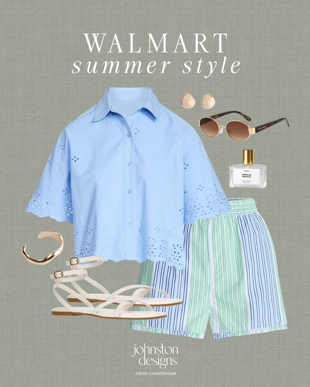 Walmart summer style with a blue eyelet top, striped shorts and simple warm weather accessories. 💙

Chic summer outfit, Walmart style, outfit inspo, blue top, striped shorts, white sandals, sunglasses, gold jewelry, casual look, vacation finds, affordable fashion, look for less. 

 #LTKootd #LTKSeasonal
