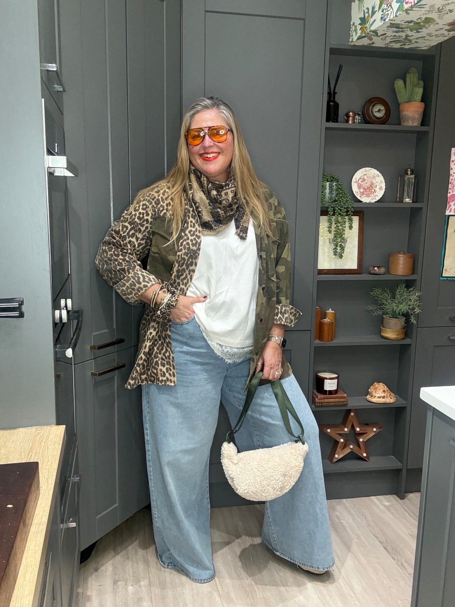 Wide leg jeans, camo jacket, lace tshirt, sunglasses, Borg bag, trainers, scarf 

#LTKplussize #LTKjeans #LTKspring