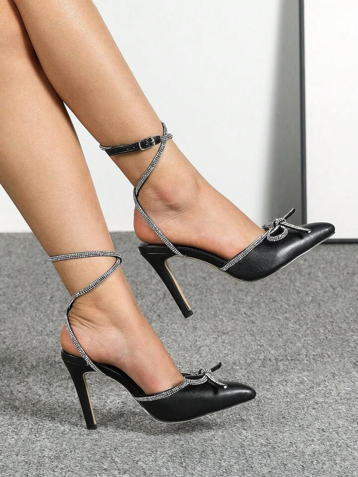 Women Rhinestone & Bow Decor Point Toe Stiletto Heeled Ankle Strap Pumps, Glamorous Black Pumps | SHEIN