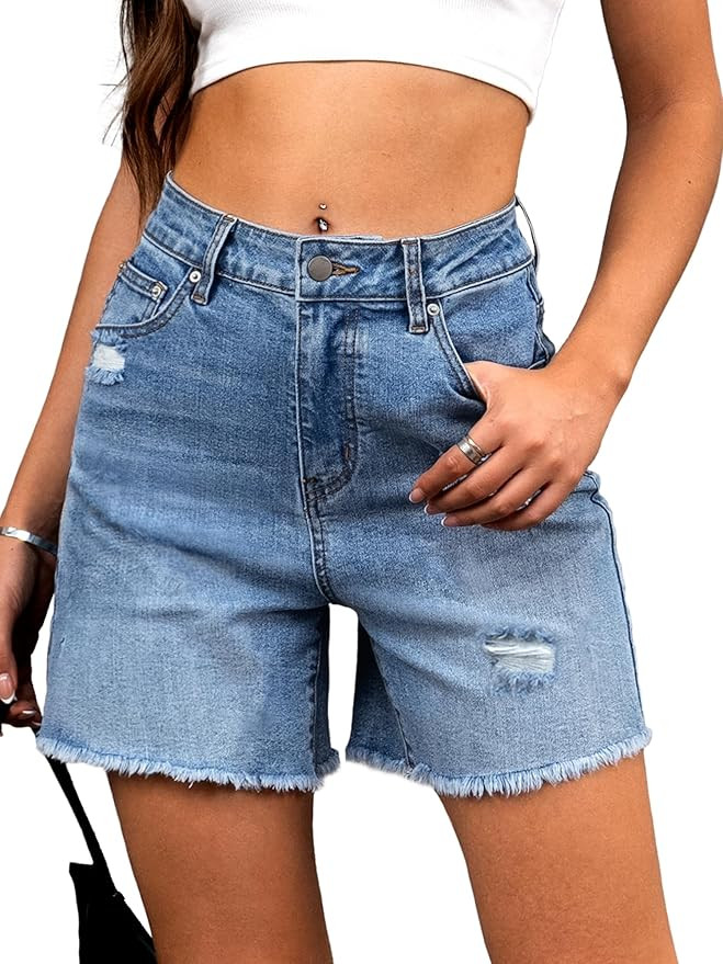 ELLEVEN Women’s Ripped Jean Shorts Trendy High Waisted Stretchy Denim Shorts Raw Hem Casual Wid... | Amazon (US)